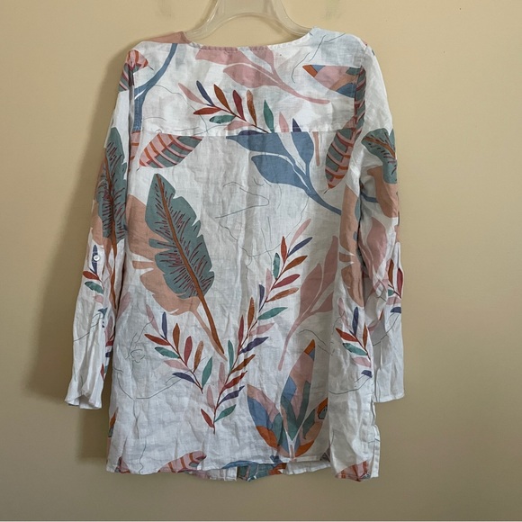 Cynthia Rowley Floral Linen Tunic Top Shirt 1X Roll-tab Sleeve Tropical Vacation - Picture 12 of 13